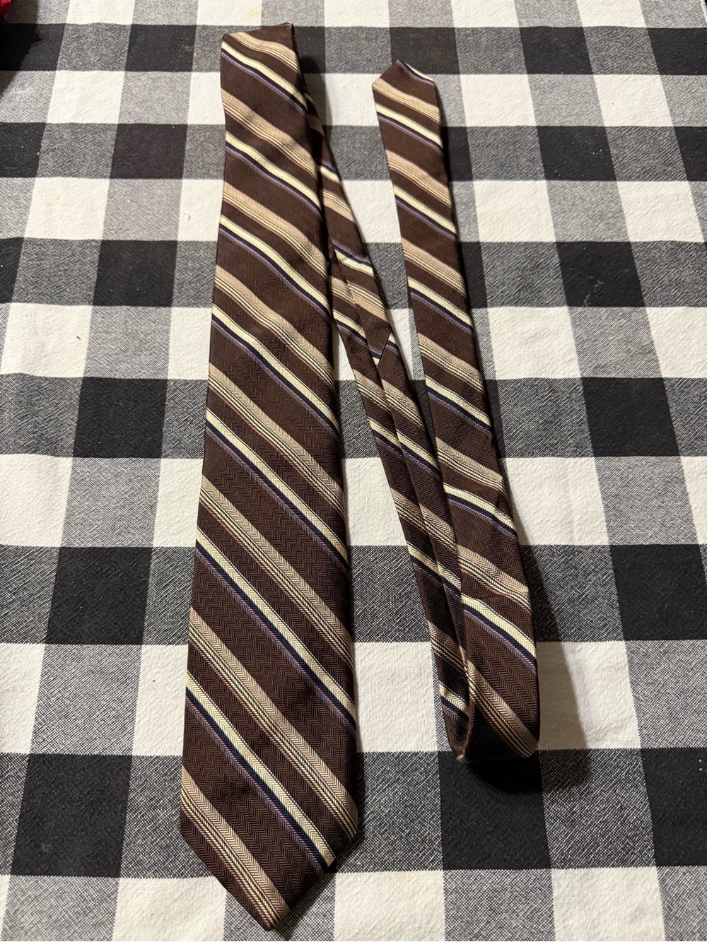 Men's Brown Striped Tie with Cream and Purple Accents
